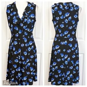 Chaps Black & Blue Floral Ruffle Sleeveless Faux Wrap Midi Dress Medium